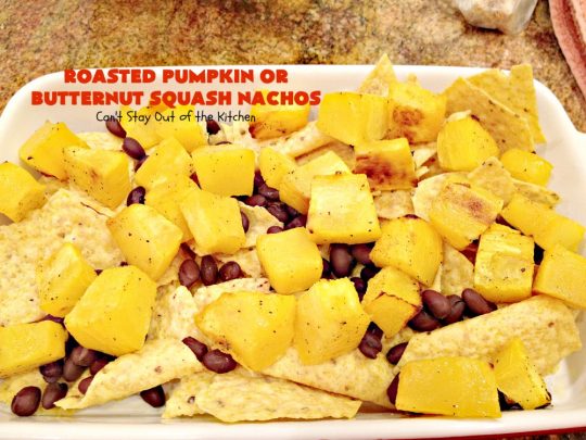 Roasted Pumpkin or Butternut Squash Nachos | Can't Stay Out of the Kitchen | these #nachos are beyond amazing! They use 2 layers of #tortilla chips, #blackbeans, roasted #pumpkin or #butternutsquash, #picodegallo & hot pepperjack #cheese. Perfect #tailgating #appetizer. #glutenfree #vegetarian