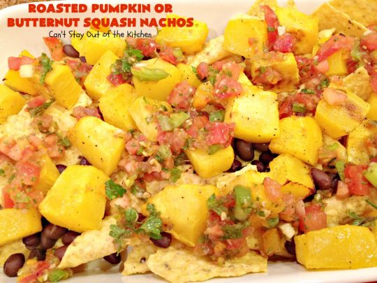 Roasted Pumpkin or Butternut Squash Nachos | Can't Stay Out of the Kitchen | these #nachos are beyond amazing! They use 2 layers of #tortilla chips, #blackbeans, roasted #pumpkin or #butternutsquash, #picodegallo & hot pepperjack #cheese. Perfect #tailgating #appetizer. #glutenfree #vegetarian