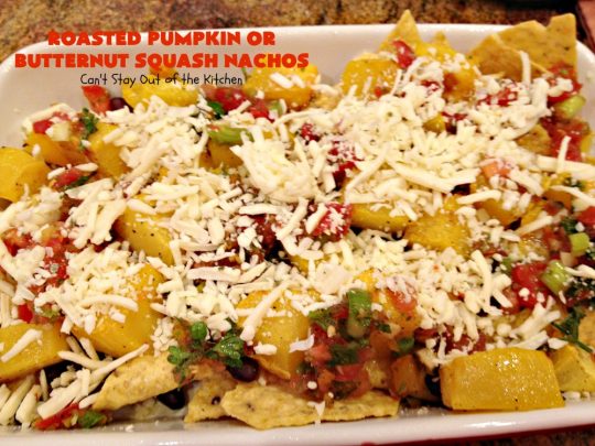 Roasted Pumpkin or Butternut Squash Nachos | Can't Stay Out of the Kitchen | these #nachos are beyond amazing! They use 2 layers of #tortilla chips, #blackbeans, roasted #pumpkin or #butternutsquash, #picodegallo & hot pepperjack #cheese. Perfect #tailgating #appetizer. #glutenfree #vegetarian