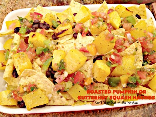 Roasted Pumpkin or Butternut Squash Nachos | Can't Stay Out of the Kitchen | these #nachos are beyond amazing! They use 2 layers of #tortilla chips, #blackbeans, roasted #pumpkin or #butternutsquash, #picodegallo & hot pepperjack #cheese. Perfect #tailgating #appetizer. #glutenfree #vegetarian