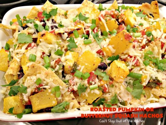 Roasted Pumpkin or Butternut Squash Nachos | Can't Stay Out of the Kitchen | these #nachos are beyond amazing! They use 2 layers of #tortilla chips, #blackbeans, roasted #pumpkin or #butternutsquash, #picodegallo & hot pepperjack #cheese. Perfect #tailgating #appetizer. #glutenfree #vegetarian