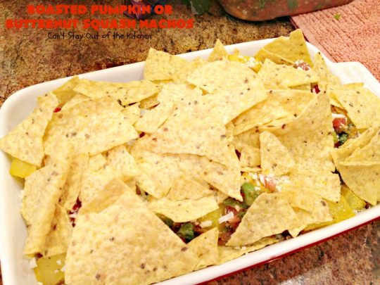 Roasted Pumpkin or Butternut Squash Nachos | Can't Stay Out of the Kitchen | these #nachos are beyond amazing! They use 2 layers of #tortilla chips, #blackbeans, roasted #pumpkin or #butternutsquash, #picodegallo & hot pepperjack #cheese. Perfect #tailgating #appetizer. #glutenfree #vegetarian