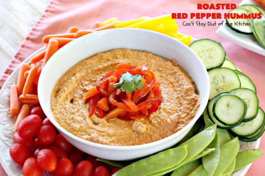 Roasted Red Pepper Hummus | Can't Stay Out of the Kitchen | this is one of the most delectable #hummus #recipes on the planet! It is absolutely succulent & amazing. It's a wonderful treat with #VeggieDippers if you're looking for a #healthy, #LowCalorie, #GlutenFree & #Vegan snack. #appetizer #tailgating #RoastedRedPepperHummus #VeganAppetizer #GlutenFreeAppetizer