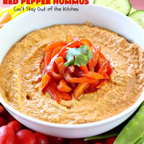 Roasted Red Pepper Hummus | Can't Stay Out of the Kitchen | this is one of the most delectable #hummus #recipes on the planet! It is absolutely succulent & amazing. It's a wonderful treat with #VeggieDippers if you're looking for a #healthy, #LowCalorie, #GlutenFree & #Vegan snack. #appetizer #tailgating #RoastedRedPepperHummus #VeganAppetizer #GlutenFreeAppetizer