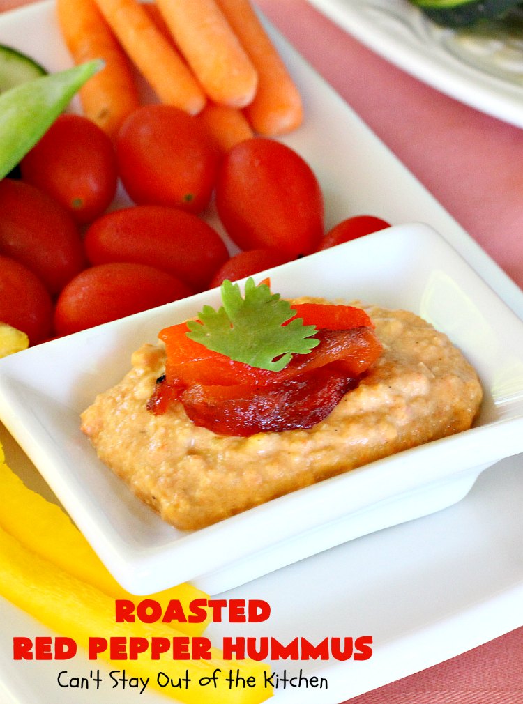 Roasted Red Pepper Hummus | Can't Stay Out of the Kitchen | this is one of the most delectable #hummus #recipes on the planet! It is absolutely succulent & amazing. It's a wonderful treat with #VeggieDippers if you're looking for a #healthy, #LowCalorie, #GlutenFree & #Vegan snack. #appetizer #tailgating #RoastedRedPepperHummus #VeganAppetizer #GlutenFreeAppetizer
