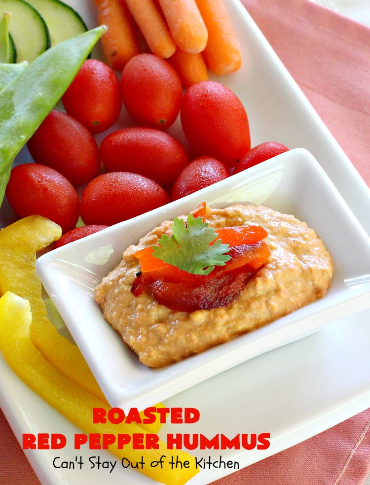 Roasted Red Pepper Hummus | Can't Stay Out of the Kitchen | this is one of the most delectable #hummus #recipes on the planet! It is absolutely succulent & amazing. It's a wonderful treat with #VeggieDippers if you're looking for a #healthy, #LowCalorie, #GlutenFree & #Vegan snack. #appetizer #tailgating #RoastedRedPepperHummus #VeganAppetizer #GlutenFreeAppetizer