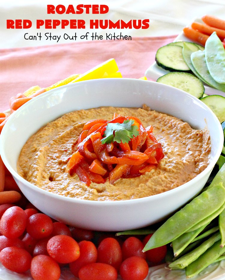 Roasted Red Pepper Hummus | Can't Stay Out of the Kitchen | this is one of the most delectable #hummus #recipes on the planet! It is absolutely succulent & amazing. It's a wonderful treat with #VeggieDippers if you're looking for a #healthy, #LowCalorie, #GlutenFree & #Vegan snack. #appetizer #tailgating #RoastedRedPepperHummus #VeganAppetizer #GlutenFreeAppetizer