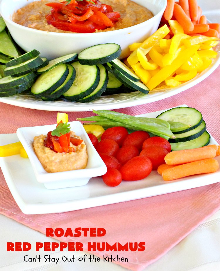 Roasted Red Pepper Hummus | Can't Stay Out of the Kitchen | this is one of the most delectable #hummus #recipes on the planet! It is absolutely succulent & amazing. It's a wonderful treat with #VeggieDippers if you're looking for a #healthy, #LowCalorie, #GlutenFree & #Vegan snack. #appetizer #tailgating #RoastedRedPepperHummus #VeganAppetizer #GlutenFreeAppetizer