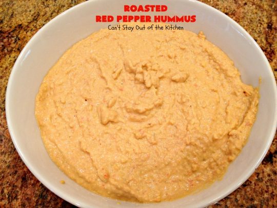 Roasted Red Pepper Hummus | Can't Stay Out of the Kitchen | this is one of the most delectable #hummus #recipes on the planet! It is absolutely succulent & amazing. It's a wonderful treat with #VeggieDippers if you're looking for a #healthy, #LowCalorie, #GlutenFree & #Vegan snack. #appetizer #tailgating #RoastedRedPepperHummus #VeganAppetizer #GlutenFreeAppetizer