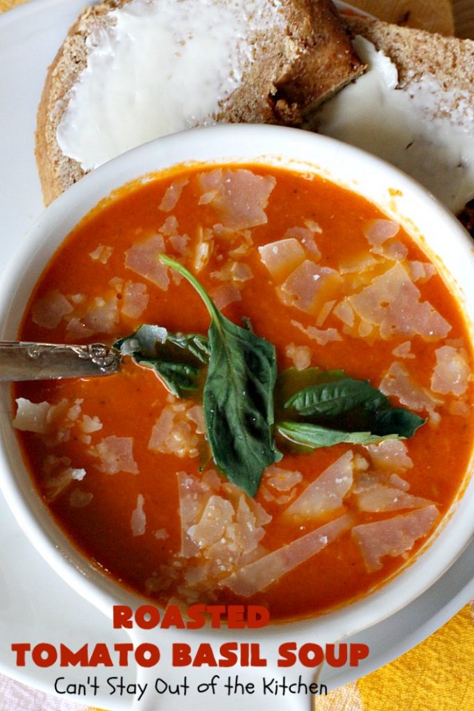Roasted Tomato Basil Soup | Can't Stay Out of the Kitchen | terrific #InaGarten #recipe made with roasted #tomatoes. It's irresistible on cold, winter nights. Our company raved over this scrumptious #TomatoBasilSoup. This comfort food #soup is #healthy, #LowCalorie, #CleanEating, #Vegan & #GlutenFree. #basil #TheBarefootContessa #RoastedTomatoBasilSoup