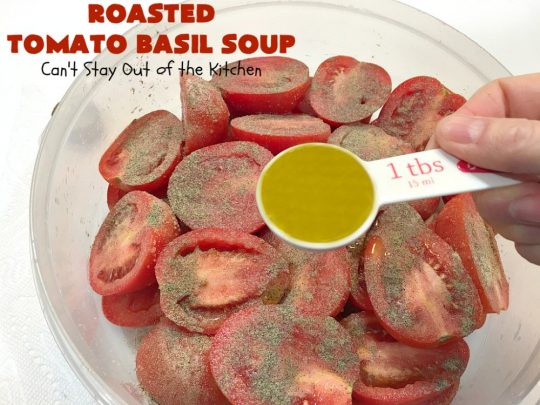 Roasted Tomato Basil Soup | Can't Stay Out of the Kitchen | terrific #InaGarten #recipe made with roasted #tomatoes. It's irresistible on cold, winter nights. Our company raved over this scrumptious #TomatoBasilSoup. This comfort food #soup is #healthy, #LowCalorie, #CleanEating, #Vegan & #GlutenFree. #basil #TheBarefootContessa #RoastedTomatoBasilSoup