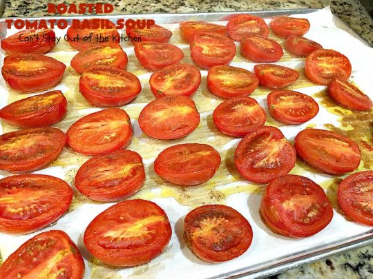Roasted Tomato Basil Soup | Can't Stay Out of the Kitchen | terrific #InaGarten #recipe made with roasted #tomatoes. It's irresistible on cold, winter nights. Our company raved over this scrumptious #TomatoBasilSoup. This comfort food #soup is #healthy, #LowCalorie, #CleanEating, #Vegan & #GlutenFree. #basil #TheBarefootContessa #RoastedTomatoBasilSoup