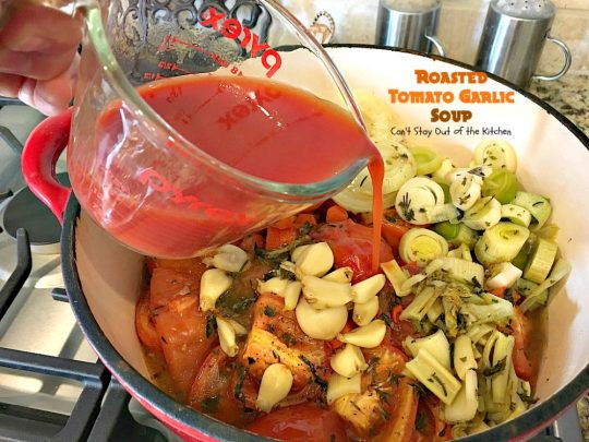 Roasted Tomato Garlic Soup | Can't Stay Out of the Kitchen | this amazing #soup roasts all the #tomatoes & veggies including a whole bulb of garlic. Wonderful comfort food that's #vegan if you omit the #parmesancheese for garnish. #glutenfree