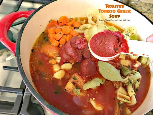 Roasted Tomato Garlic Soup | Can't Stay Out of the Kitchen | this amazing #soup roasts all the #tomatoes & veggies including a whole bulb of garlic. Wonderful comfort food that's #vegan if you omit the #parmesancheese for garnish. #glutenfree