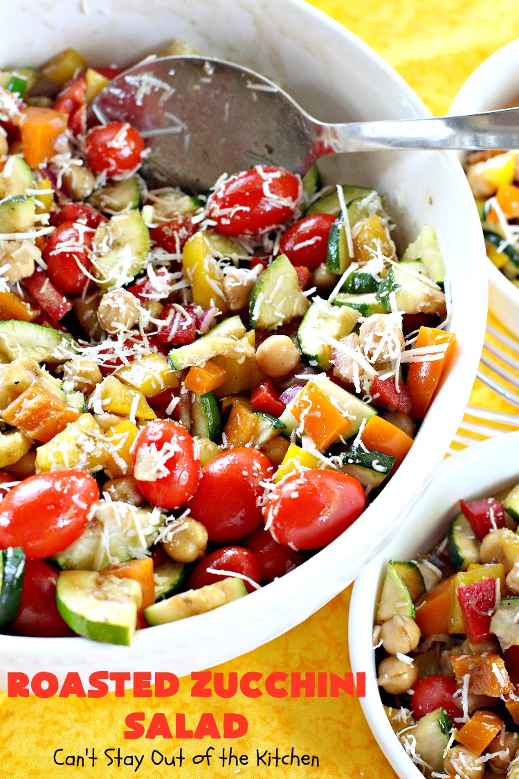 Roasted Zucchini Salad | Can't Stay Out of the Kitchen | this amazing #salad is chocked full of #veggies. It's perfect for potlucks, #BBQs and #LaborDay parties. #glutenfree #zucchini #parmesancheese