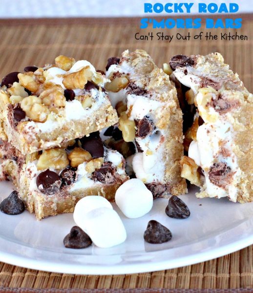 Rocky Road S'Mores Bars | Can't Stay Out of the Kitchen | We have loved these #brownies for decades! They are absolutely mouthwatering & will have you drooling from the first bite. #cookies #RockyRoad #dessert #Marshmallows  #SMoresBars #GrahamCrackers #RockyRoadSmoresBars #chocolate #MarshmallowDessert #ChocolateDessert #RockyRoadDessert #SmoresDessert #Tailgating