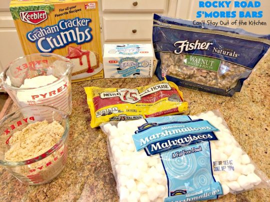 Rocky Road S'Mores Bars | Can't Stay Out of the Kitchen | We have loved these #brownies for decades! They are absolutely mouthwatering & will have you drooling from the first bite. #cookies #RockyRoad #dessert #Marshmallows  #SMoresBars #GrahamCrackers #RockyRoadSmoresBars #chocolate #MarshmallowDessert #ChocolateDessert #RockyRoadDessert #SmoresDessert #Tailgating