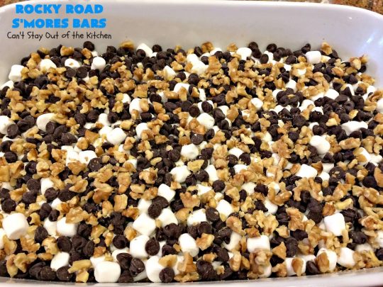 Rocky Road S'Mores Bars | Can't Stay Out of the Kitchen | We have loved these #brownies for decades! They are absolutely mouthwatering & will have you drooling from the first bite. #cookies #RockyRoad #dessert #Marshmallows  #SMoresBars #GrahamCrackers #RockyRoadSmoresBars #chocolate #MarshmallowDessert #ChocolateDessert #RockyRoadDessert #SmoresDessert #Tailgating