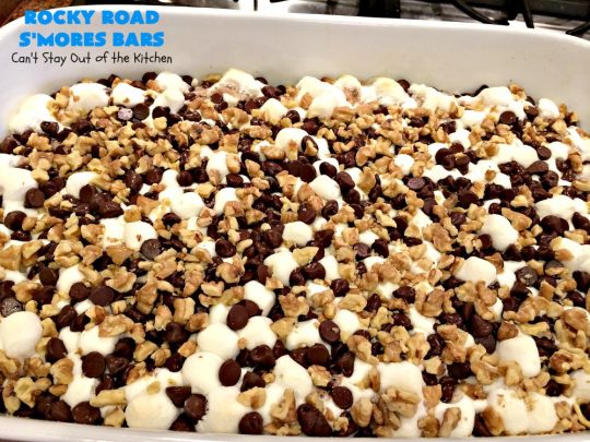 Rocky Road S'Mores Bars | Can't Stay Out of the Kitchen | We have loved these #brownies for decades! They are absolutely mouthwatering & will have you drooling from the first bite. #cookies #RockyRoad #dessert #Marshmallows  #SMoresBars #GrahamCrackers #RockyRoadSmoresBars #chocolate #MarshmallowDessert #ChocolateDessert #RockyRoadDessert #SmoresDessert #Tailgating