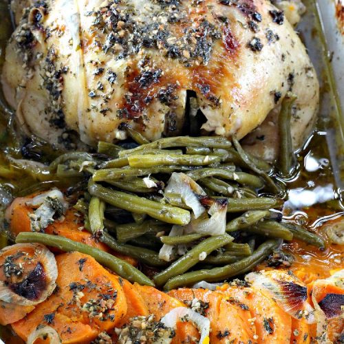 Rosemary-Garlic Chicken with Sweet Potatoes and Green Beans | Can't Stay Out of the Kitchen | this awesome one-dish meal has one of the best sauces coating the #chicken & veggies ever! This easy entree is succulent, irresistible & absolutely mouthwatering & great for company or family dinners. #healthy #GlutenFree #SweetPotatoes #GreenBeans #RosemaryGarlicChickenWithSweetPotatoesAndGreenBeans