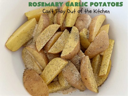 Rosemary Garlic Potatoes | Can't Stay Out of the Kitchen | super easy 4-ingredient #SideDish #recipe. This one tastes heavenly but is so easy to prepare for weeknight dinners. #potatoes #YukonGoldPotatoes #vegetable #rosemary #GlutenFree #4IngredientRecipe #RosemaryGarlicPotatoes