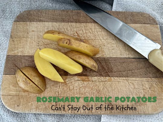 Rosemary Garlic Potatoes | Can't Stay Out of the Kitchen | super easy 4-ingredient #SideDish #recipe. This one tastes heavenly but is so easy to prepare for weeknight dinners. #potatoes #YukonGoldPotatoes #vegetable #rosemary #GlutenFree #4IngredientRecipe #RosemaryGarlicPotatoes