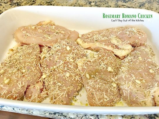 Rosemary Romano Chicken | Can't Stay Out of the Kitchen | this fabulous #chicken entree can be oven ready in 5 minutes! Great #casserole to make when you're short on time. #romanocheese #glutenfree