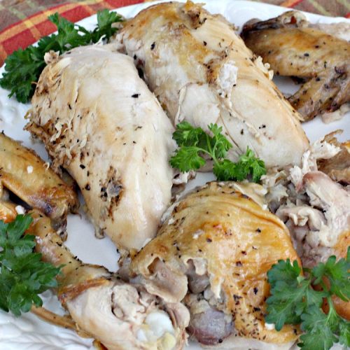 Rotisserie Style Baked Chicken | Can't Stay Out of the Kitchen | This succulent #chicken entree is so easy. It's a delicious way to make homestyle #RotisserieChicken. Terrific for company & #holiday dinners like #MothersDay & #FathersDay, too.