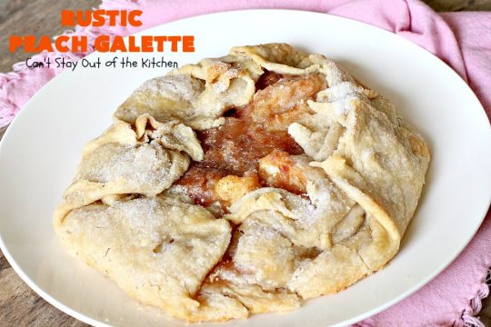Rustic Peach Galette | Can't Stay Out of the Kitchen | this rustic version of #peachpie is sensational. Every bite will have you drooling! #peaches #WhiteFleshPeaches #peachdessert #dessert #CANbassador #WashingtonStateFruitCommission #WashingtonStateStoneFruitGrowers