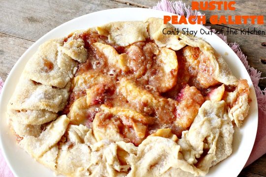 Rustic Peach Galette | Can't Stay Out of the Kitchen | this rustic version of #peachpie is sensational. Every bite will have you drooling! #peaches #WhiteFleshPeaches #peachdessert #dessert #CANbassador #WashingtonStateFruitCommission #WashingtonStateStoneFruitGrowers
