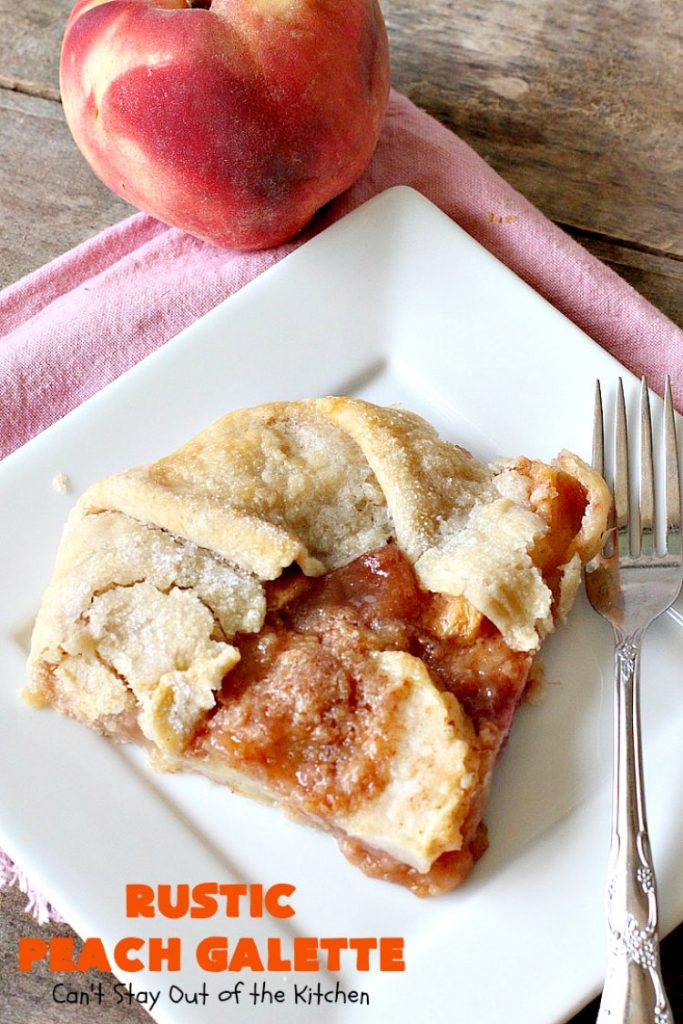 Rustic Peach Galette | Can't Stay Out of the Kitchen | this rustic version of #peachpie is sensational. Every bite will have you drooling! #peaches #WhiteFleshPeaches #peachdessert #dessert #CANbassador #WashingtonStateFruitCommission #WashingtonStateStoneFruitGrowers