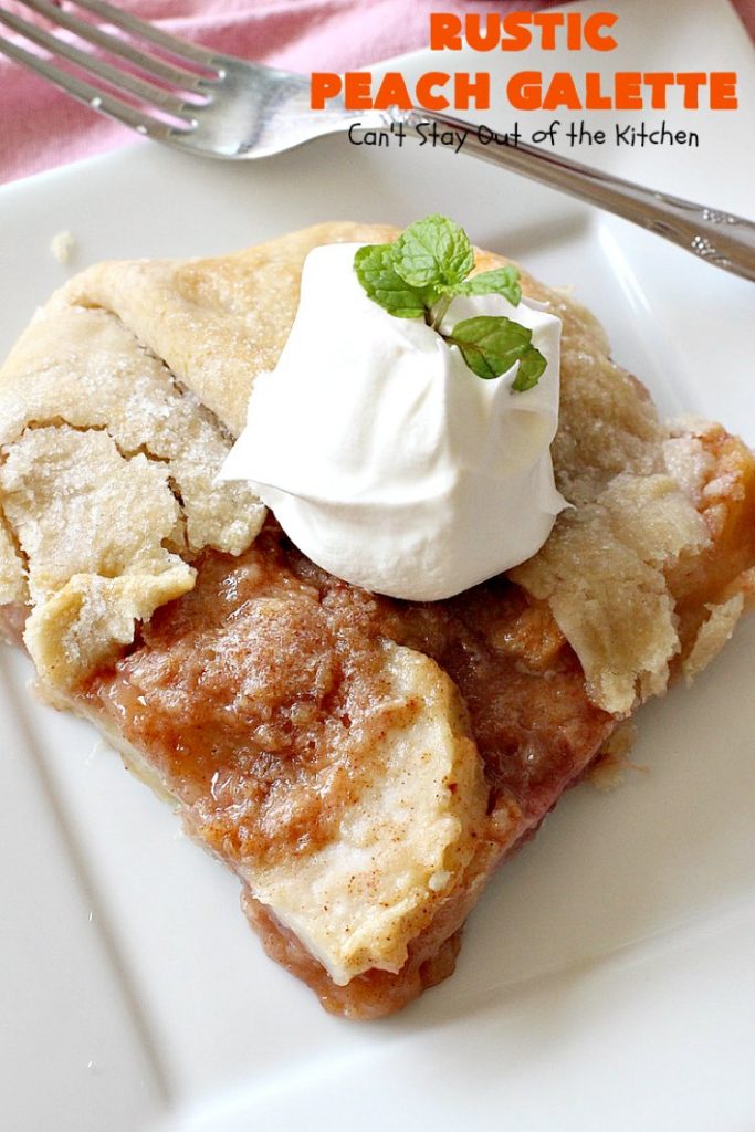 Rustic Peach Galette | Can't Stay Out of the Kitchen | this rustic version of #peachpie is sensational. Every bite will have you drooling! #peaches #WhiteFleshPeaches #peachdessert #dessert #CANbassador #WashingtonStateFruitCommission #WashingtonStateStoneFruitGrowers