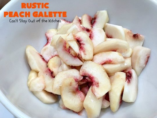 Rustic Peach Galette | Can't Stay Out of the Kitchen | this rustic version of #peachpie is sensational. Every bite will have you drooling! #peaches #WhiteFleshPeaches #peachdessert #dessert #CANbassador #WashingtonStateFruitCommission #WashingtonStateStoneFruitGrowers