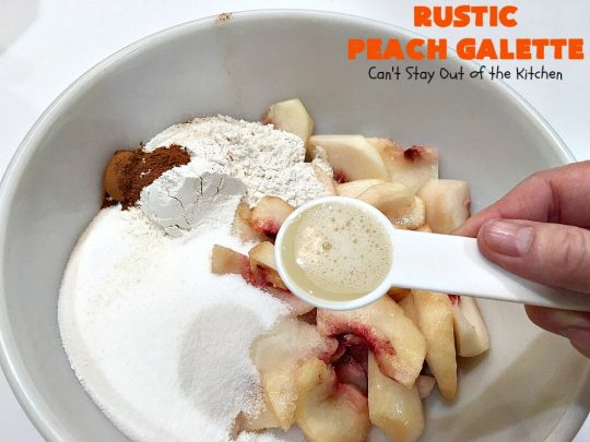 Rustic Peach Galette | Can't Stay Out of the Kitchen | this rustic version of #peachpie is sensational. Every bite will have you drooling! #peaches #WhiteFleshPeaches #peachdessert #dessert #CANbassador #WashingtonStateFruitCommission #WashingtonStateStoneFruitGrowers