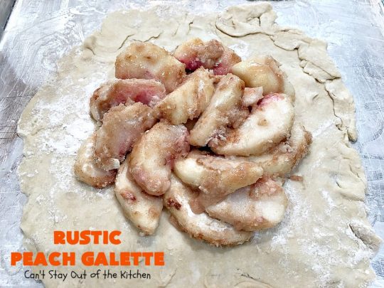 Rustic Peach Galette | Can't Stay Out of the Kitchen | this rustic version of #peachpie is sensational. Every bite will have you drooling! #peaches #WhiteFleshPeaches #peachdessert #dessert #CANbassador #WashingtonStateFruitCommission #WashingtonStateStoneFruitGrowers