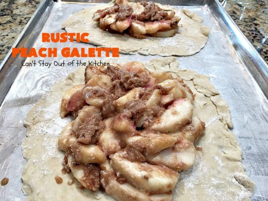 Rustic Peach Galette | Can't Stay Out of the Kitchen | this rustic version of #peachpie is sensational. Every bite will have you drooling! #peaches #WhiteFleshPeaches #peachdessert #dessert #CANbassador #WashingtonStateFruitCommission #WashingtonStateStoneFruitGrowers