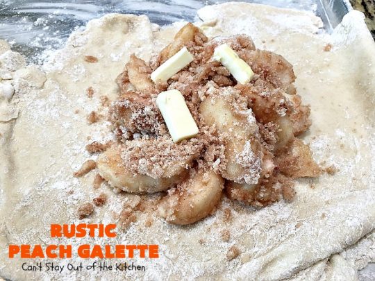 Rustic Peach Galette | Can't Stay Out of the Kitchen | this rustic version of #peachpie is sensational. Every bite will have you drooling! #peaches #WhiteFleshPeaches #peachdessert #dessert #CANbassador #WashingtonStateFruitCommission #WashingtonStateStoneFruitGrowers