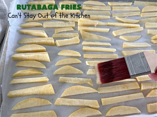 Rutabaga Fries | Can't Stay Out of the Kitchen | #RutabagaFries are sensational! Easier to make than #SweetPotatoFries & taste just like them! #Healthy, #LowCalorie, #GlutenFree, #Vegan snack. Serve with ketchup, #RanchDressing, #HoneyMustard or your favorite dipping sauce. Great for #tailgating parties too. #rutabagas #SideDish #FrenchFries