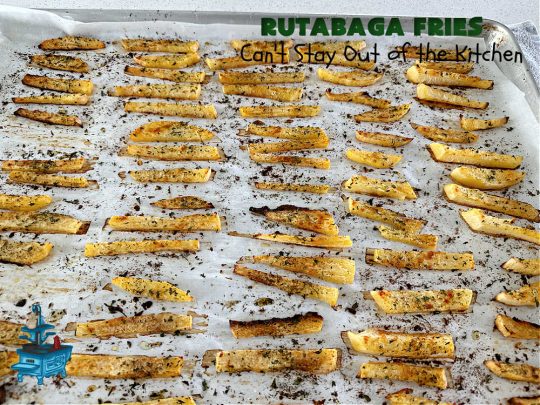 Rutabaga Fries | Can't Stay Out of the Kitchen | #RutabagaFries are sensational! Easier to make than #SweetPotatoFries & taste just like them! #Healthy, #LowCalorie, #GlutenFree, #Vegan snack. Serve with ketchup, #RanchDressing, #HoneyMustard or your favorite dipping sauce. Great for #tailgating parties too. #rutabagas #SideDish #FrenchFries
