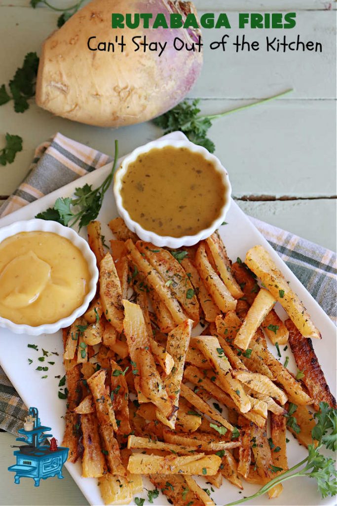 Rutabaga Fries | Can't Stay Out of the Kitchen | #RutabagaFries are sensational! Easier to make than #SweetPotatoFries & taste just like them! #Healthy, #LowCalorie, #GlutenFree, #Vegan snack. Serve with ketchup, #RanchDressing, #HoneyMustard or your favorite dipping sauce. Great for #tailgating parties too. #rutabagas #SideDish #FrenchFries