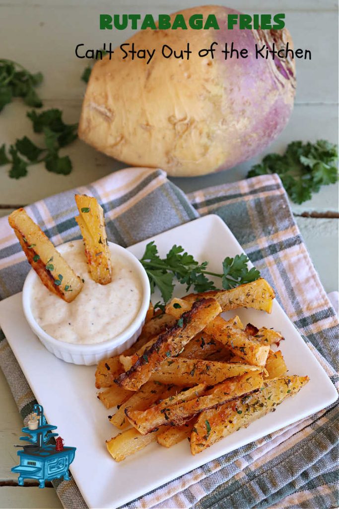 Rutabaga Fries | Can't Stay Out of the Kitchen | #RutabagaFries are sensational! Easier to make than #SweetPotatoFries & taste just like them! #Healthy, #LowCalorie, #GlutenFree, #Vegan snack. Serve with ketchup, #RanchDressing, #HoneyMustard or your favorite dipping sauce. Great for #tailgating parties too. #rutabagas #SideDish #FrenchFries