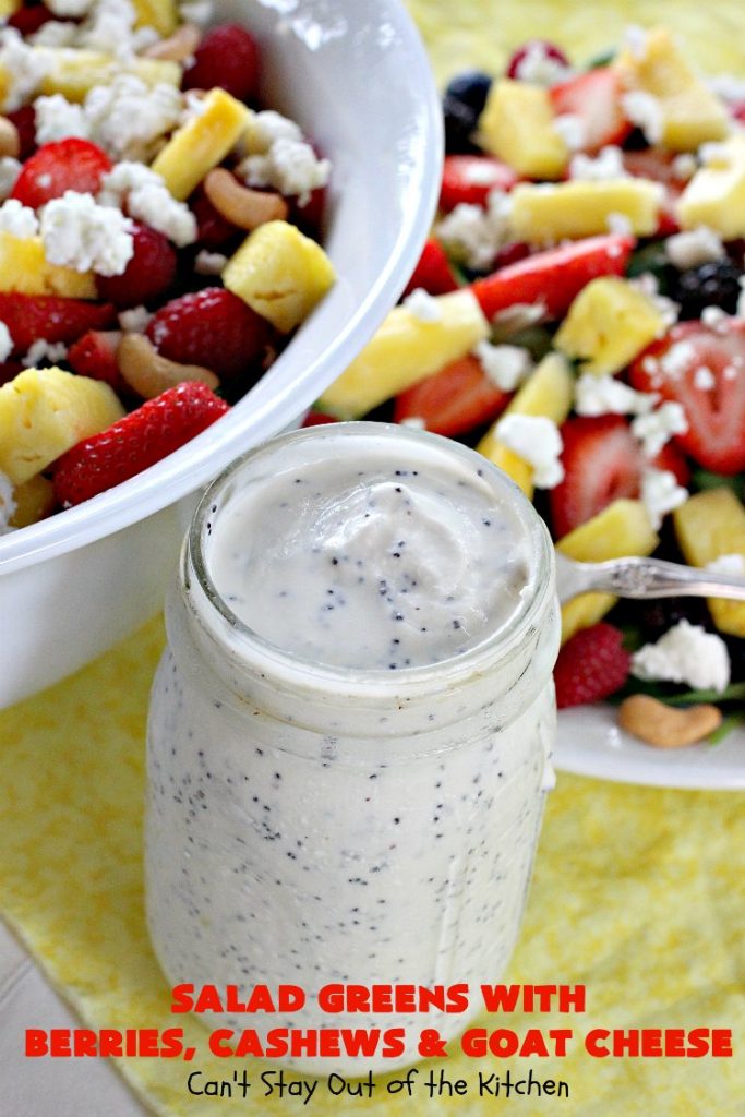 Salad Greens with Berries, Cashews and Goat Cheese | Can't Stay Out of the Kitchen | This phenomenal tossed #salad includes #strawberries, #pineapple, #cashews #blueberries, #raspberries, #blackberries & #goatcheese. Terrific for company or #holiday dinners like #Easter, #MothersDay or #FathersDay.