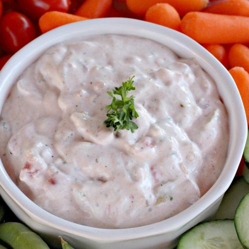 Salsa Ranch Dip | Can't Stay Out of the Kitchen | this fantastic #appetizer has only 5 ingredients. It's quick & easy to make & has delicious #TexMex flavors. Wonderful for #tailgating or #SuperBowl parties, potlucks or #holiday fare like #NewYearsDay. #salsa #GreenChilies #RanchDressingMix #SalsaRanchDip