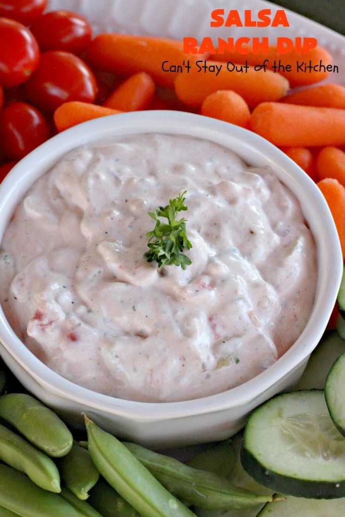 Salsa Ranch Dip | Can't Stay Out of the Kitchen | this fantastic #appetizer has only 5 ingredients. It's quick & easy to make & has delicious #TexMex flavors. Wonderful for #tailgating or #SuperBowl parties, potlucks or #holiday fare like #NewYearsDay. #salsa #GreenChilies #RanchDressingMix #SalsaRanchDip