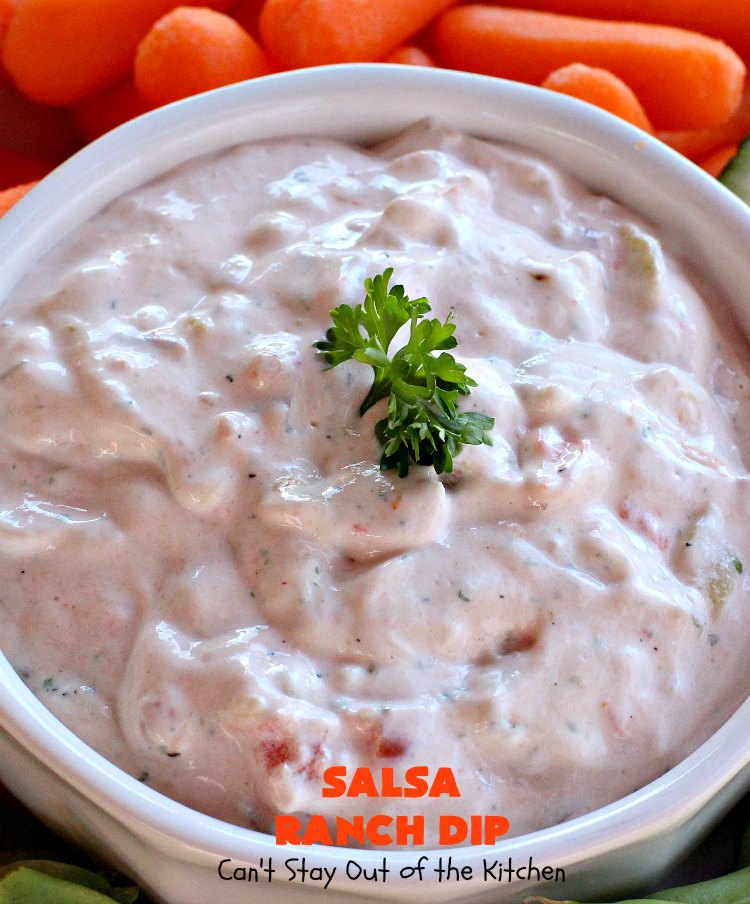 Salsa Ranch Dip | Can't Stay Out of the Kitchen | this fantastic #appetizer has only 5 ingredients. It's quick & easy to make & has delicious #TexMex flavors. Wonderful for #tailgating or #SuperBowl parties, potlucks or #holiday fare like #NewYearsDay. #salsa #GreenChilies #RanchDressingMix #SalsaRanchDip