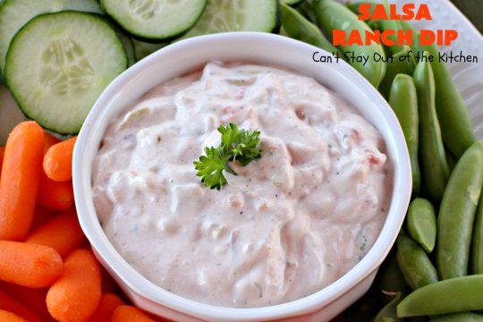 Salsa Ranch Dip | Can't Stay Out of the Kitchen | this fantastic #appetizer has only 5 ingredients. It's quick & easy to make & has delicious #TexMex flavors. Wonderful for #tailgating or #SuperBowl parties, potlucks or #holiday fare like #NewYearsDay. #salsa #GreenChilies #RanchDressingMix #SalsaRanchDip