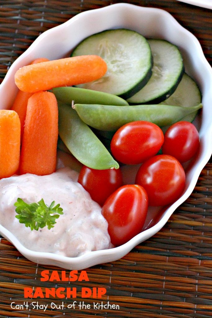 Salsa Ranch Dip | Can't Stay Out of the Kitchen | this fantastic #appetizer has only 5 ingredients. It's quick & easy to make & has delicious #TexMex flavors. Wonderful for #tailgating or #SuperBowl parties, potlucks or #holiday fare like #NewYearsDay. #salsa #GreenChilies #RanchDressingMix #SalsaRanchDip