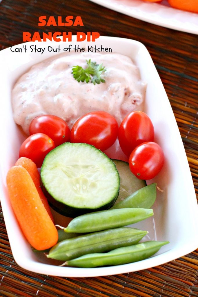 Salsa Ranch Dip | Can't Stay Out of the Kitchen | this fantastic #appetizer has only 5 ingredients. It's quick & easy to make & has delicious #TexMex flavors. Wonderful for #tailgating or #SuperBowl parties, potlucks or #holiday fare like #NewYearsDay. #salsa #GreenChilies #RanchDressingMix #SalsaRanchDip