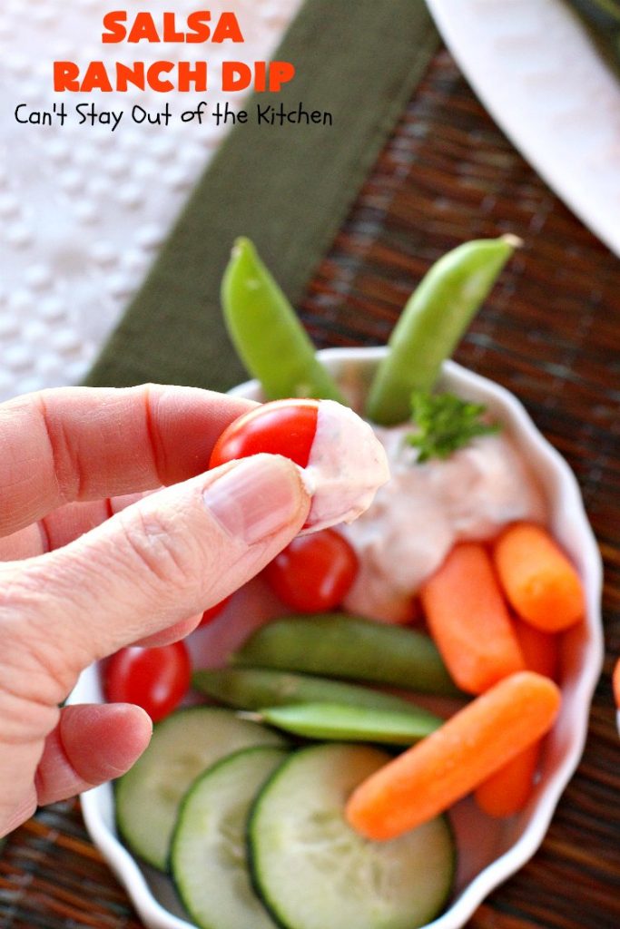 Salsa Ranch Dip | Can't Stay Out of the Kitchen | this fantastic #appetizer has only 5 ingredients. It's quick & easy to make & has delicious #TexMex flavors. Wonderful for #tailgating or #SuperBowl parties, potlucks or #holiday fare like #NewYearsDay. #salsa #GreenChilies #RanchDressingMix #SalsaRanchDip