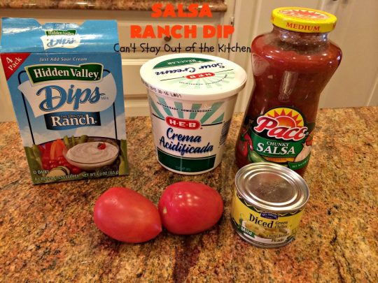 Salsa Ranch Dip | Can't Stay Out of the Kitchen | this fantastic #appetizer has only 5 ingredients. It's quick & easy to make & has delicious #TexMex flavors. Wonderful for #tailgating or #SuperBowl parties, potlucks or #holiday fare like #NewYearsDay. #salsa #GreenChilies #RanchDressingMix #SalsaRanchDip